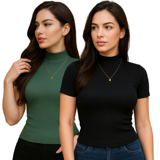 Kit 2 T-shirt Feminina Canelada Manga Curta Gola Alta Canelada Premium em Oferta na Shopee