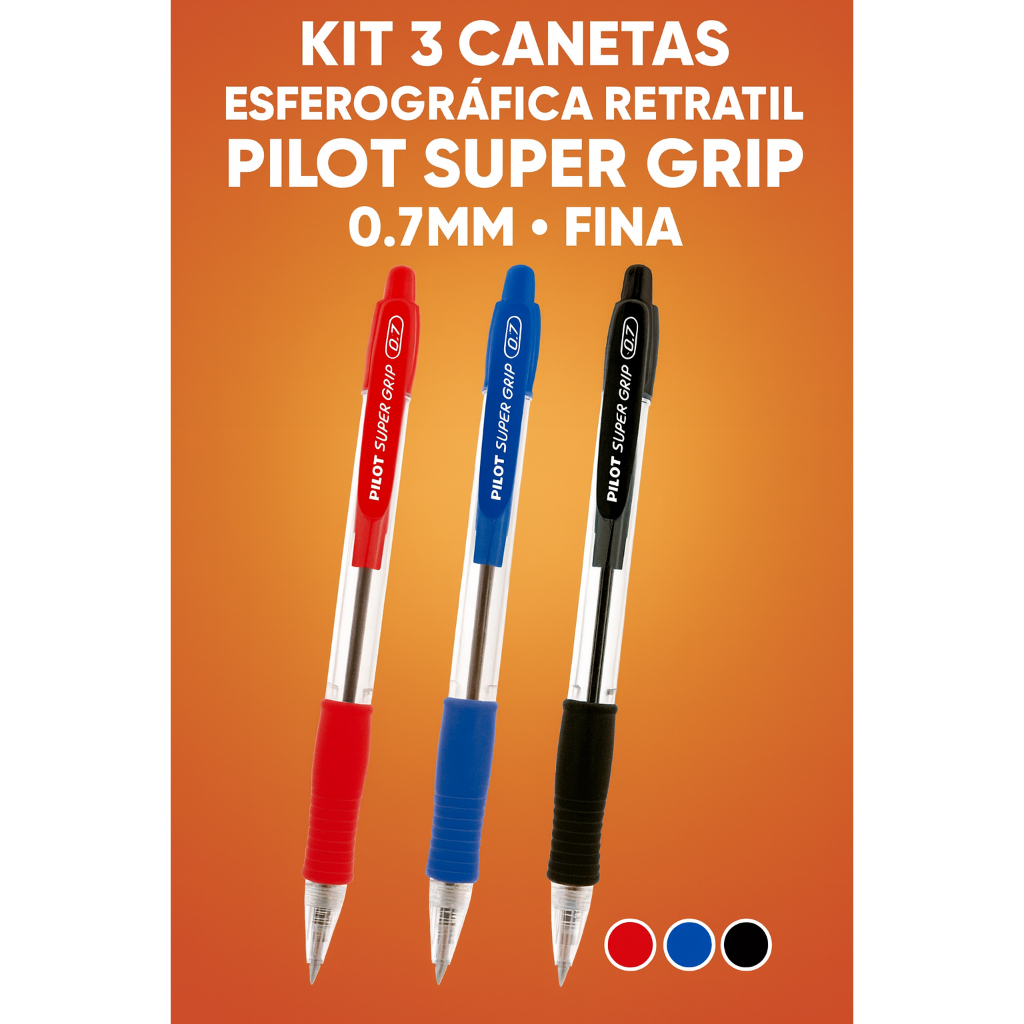 Trio de canetas Pilot Super Grip retráteis de ponta fina
