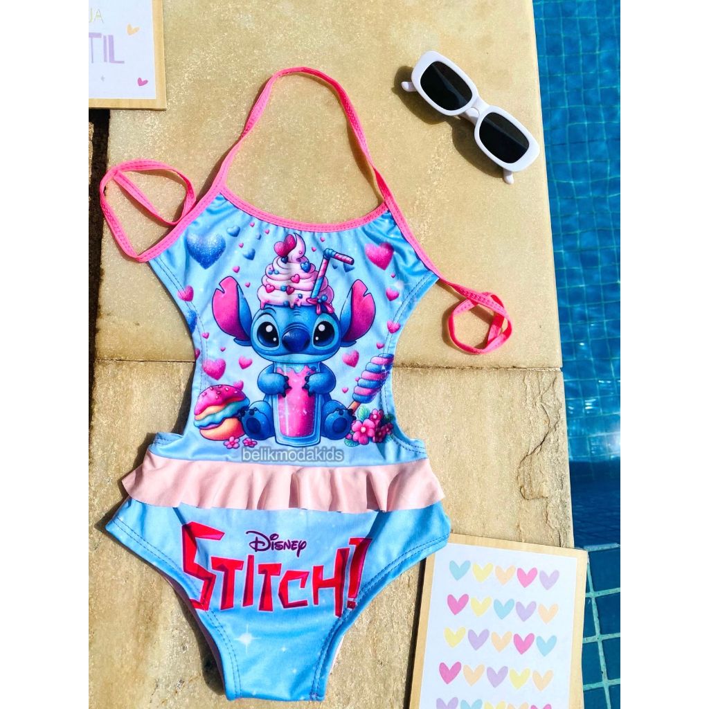 Maiô Infantil Stitch Menina Moda Praia Verão Blogueirinha Babado Proteção Conjunto Personagem Feminino Piscina 2 Ao 8