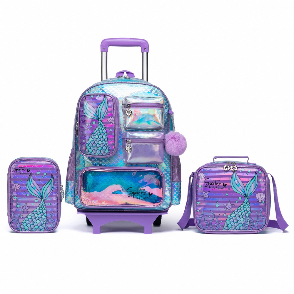 Kit Completo Mochila Rodinhas Lancheira EstojoCalda Sereia Spector Feminina Lilás