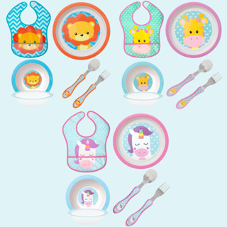 Kit Alimentação Infantil com Babador, Prato, Bowl e Talher – Leão, Girafa e Unicórnio em Oferta na Shopee