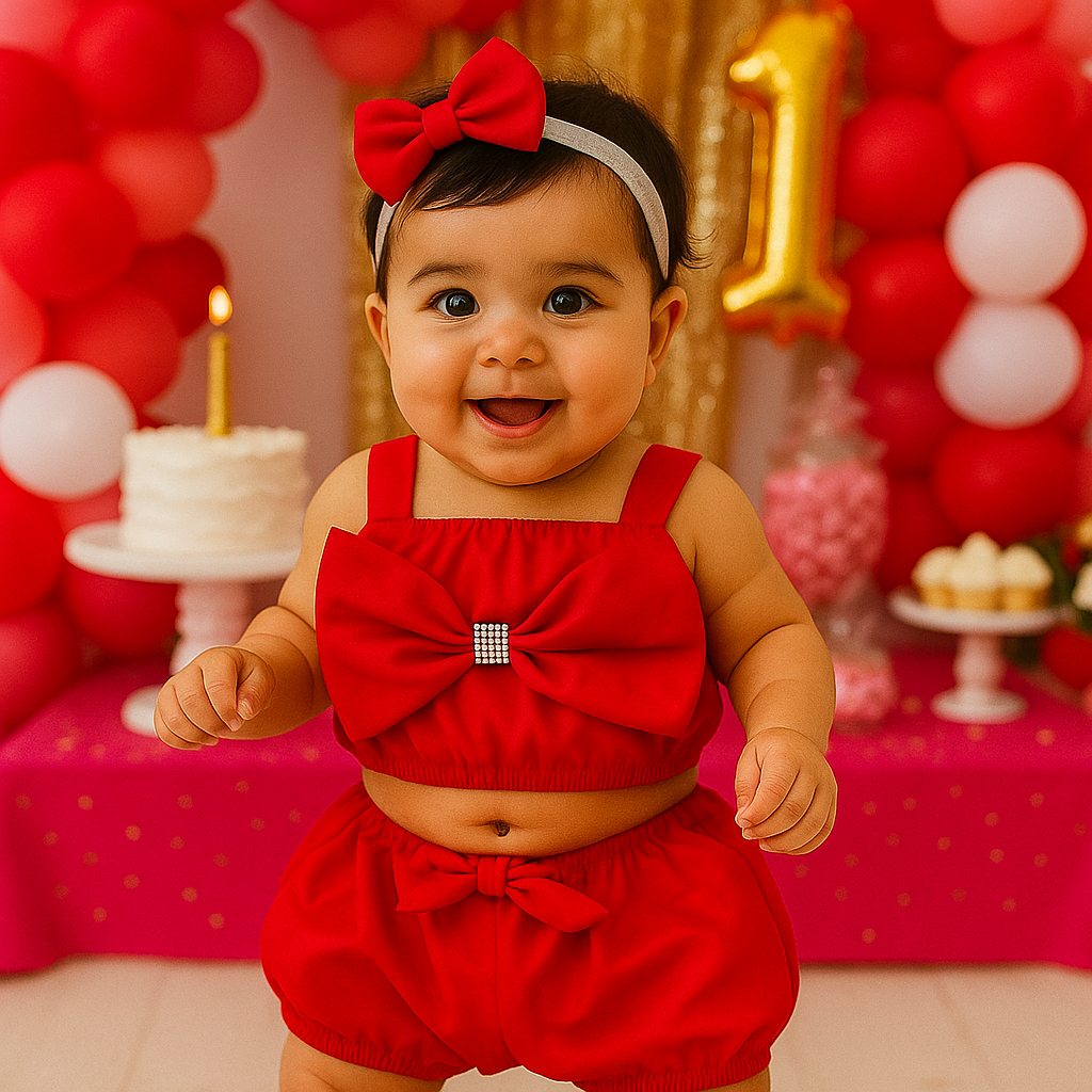 Conjunto Cropped Laço e Short infantil roupa bebê até 6 meses com faixa de cabelo em Oferta na Shopee