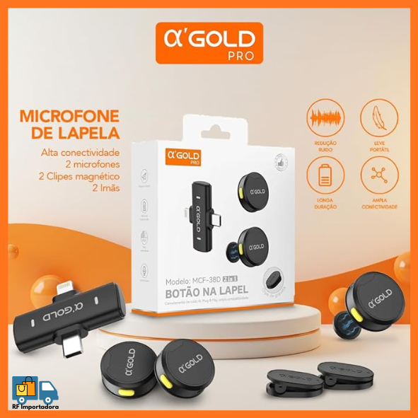 Microfone De Lapela Sem Fio Magnetico 2 Em 1 Lightning E Type-c AGOLD MCF-38D