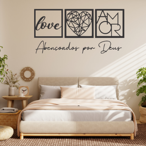 it 3 Quadros Cabeceira Família Coração Geométrico Amor + Frase  + 2 Mini aplique coração em MDF