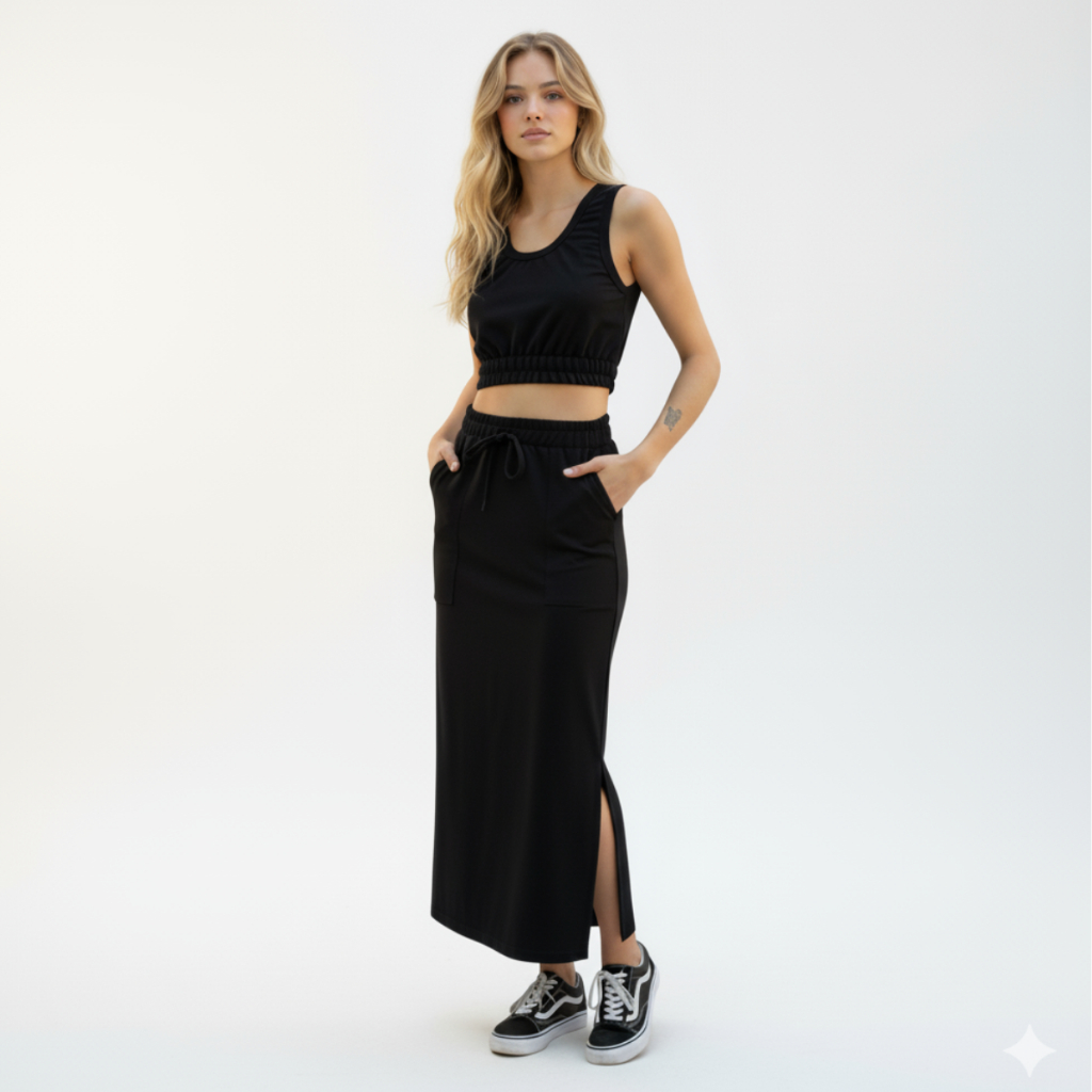 Conjunto Saia Midi e Cropped Com Elastico Dia a Dia Verão