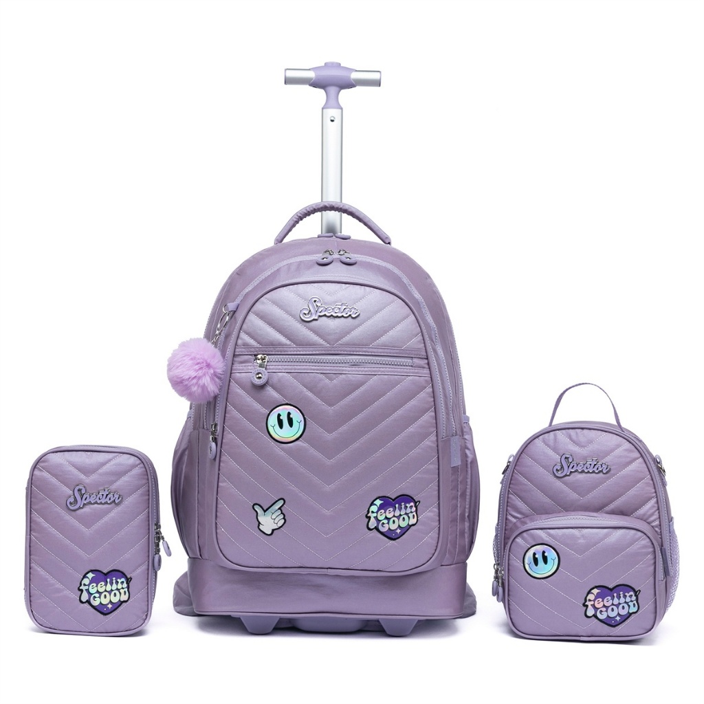 Kit Completo Mochila Lancheira Estojo Lilás Escolar Rodinhas Feminina Infantil Spector