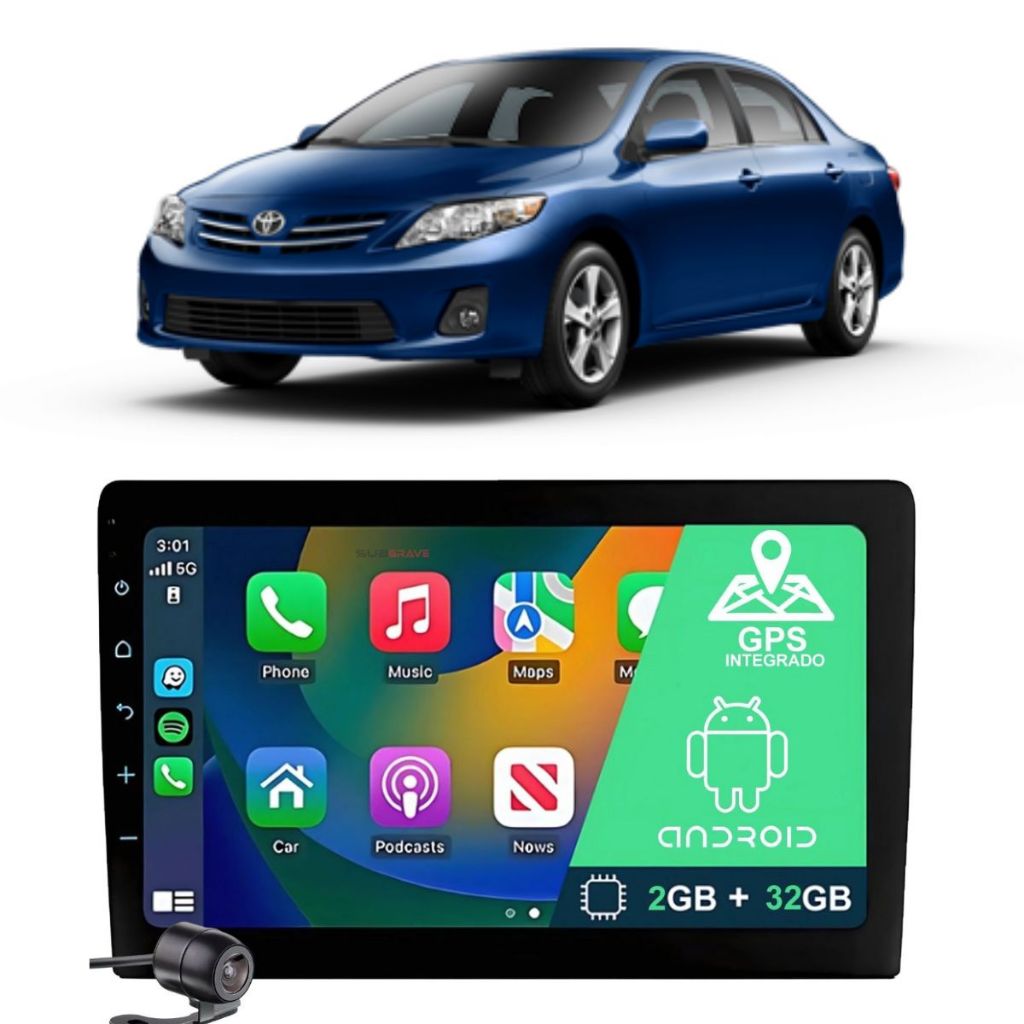 Kit Multimídia Android 9 Polegadas GPS Carplay Toyota Corolla 2008 2009 2010 2011 2012 2013