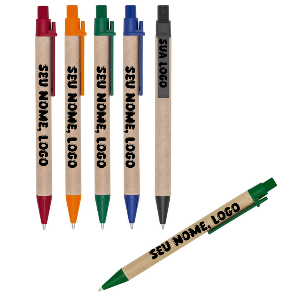 KIT 50/100 Canetas Tinta Azul Ecologica Papelao Diversas Cores Personalizada Nomoe Logo Frase em Oferta na Shopee