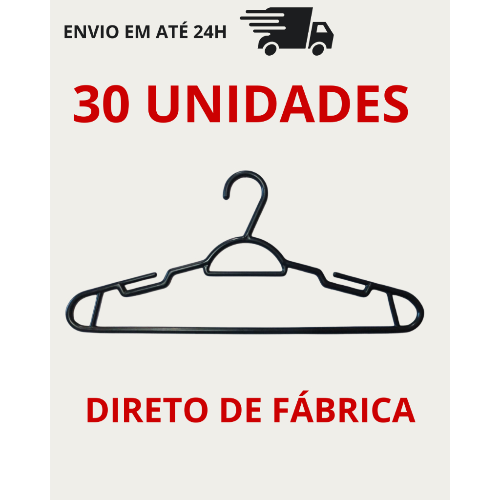 Cabide Adulto Tradicional Plástico Preto Redondo - Kit 30 Unidades Direto da Fábrica