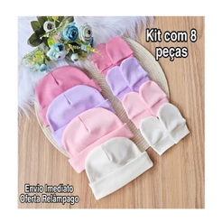 Kit 4 Touca e 4 Luva Para Bebê Recém Nascido 100% Algodão Antialérgico Maternidade Enxoval Gestante