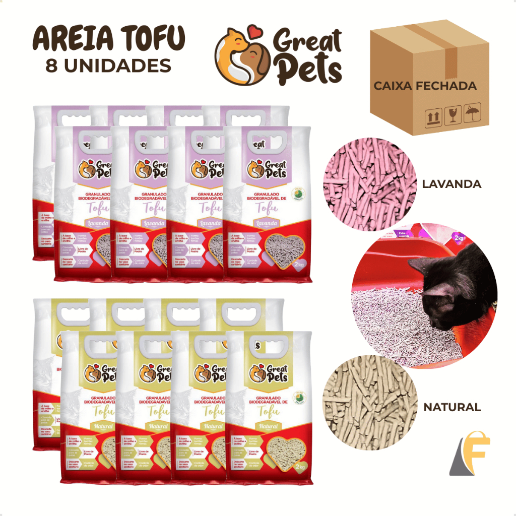 Kit 8 Areias Gatos Biodegradavel Tofu Granulado 2kg Fragrância Natural ou Lavanda Great Pets