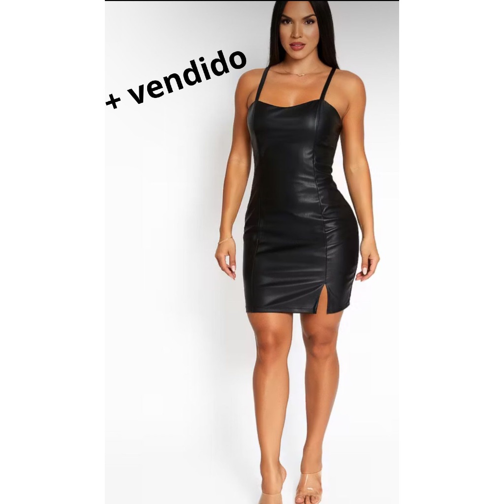 Vestido Tubinho Courino com Fenda Lateral Alça Fina