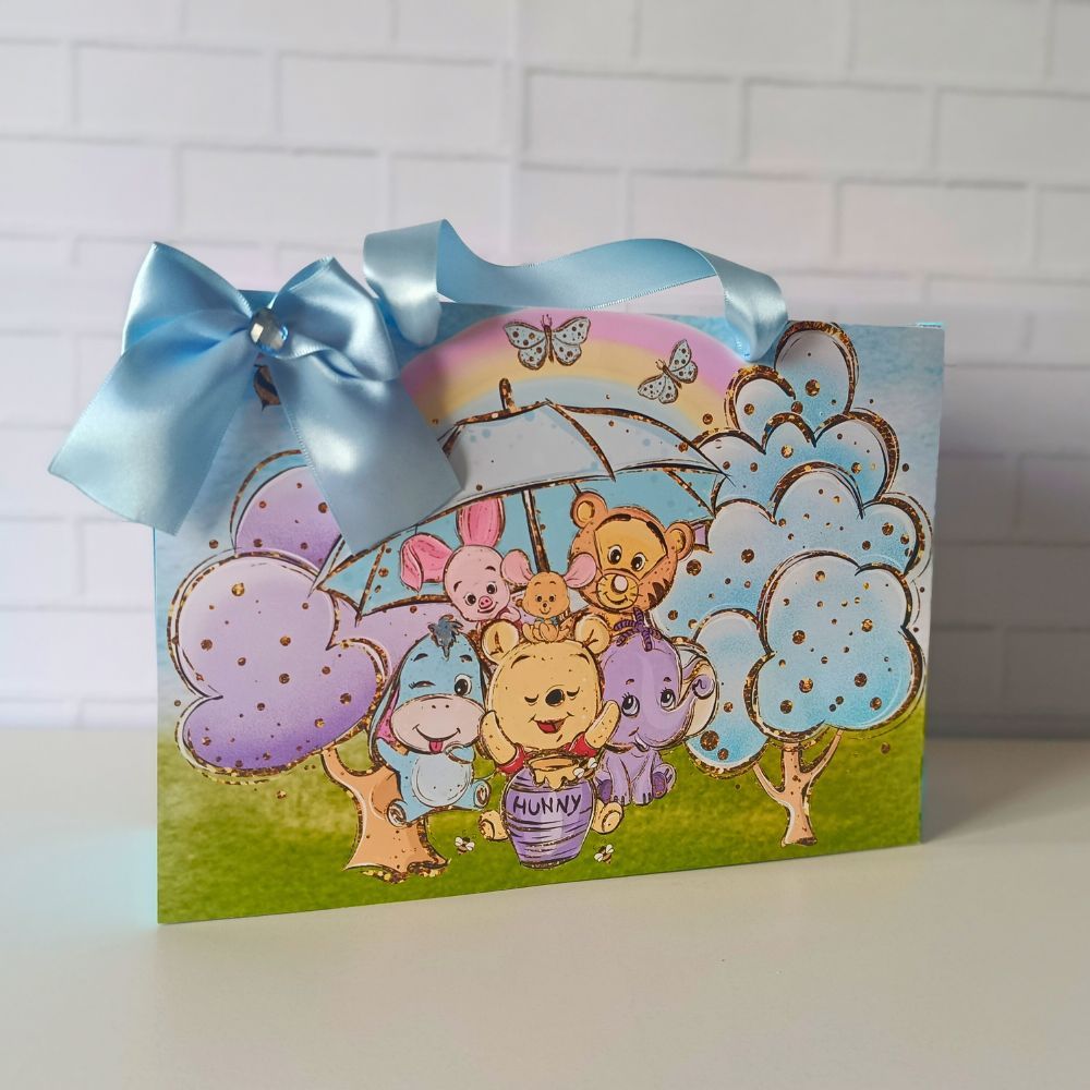 Sacola G Personalizada Ursinho Pooh Cute Aquarela Lembrancinha Infantil Com Alça e Laço de Cetim