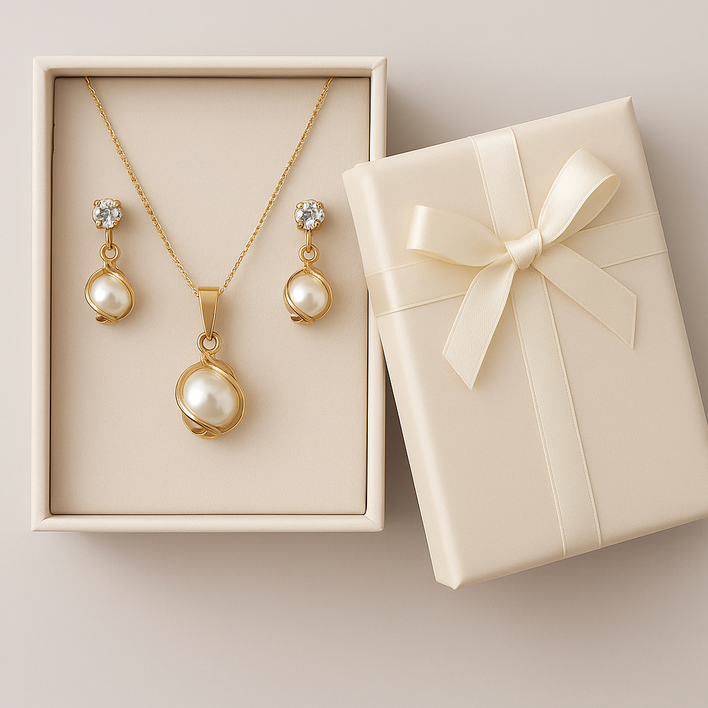 Conjunto Colar e Brinco Pingente Pérola Banhado a Ouro Feminino Luxo Incluso Caixinha Para Presente