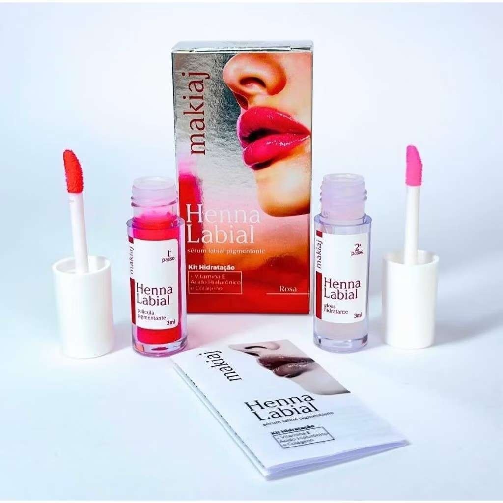 Henna Labial Makiaj Rosa e Vermelha Pigmentante Longa Duração 3 mL