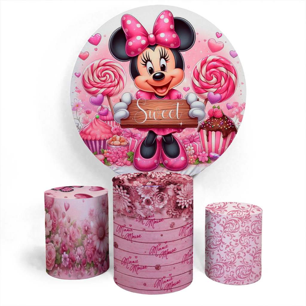 Kit Painel Evento Minnie Mouse Rosa Fofo Cute Decorativo Divertido Painel Redondo + Trio Completo Alta Qualidade Premium