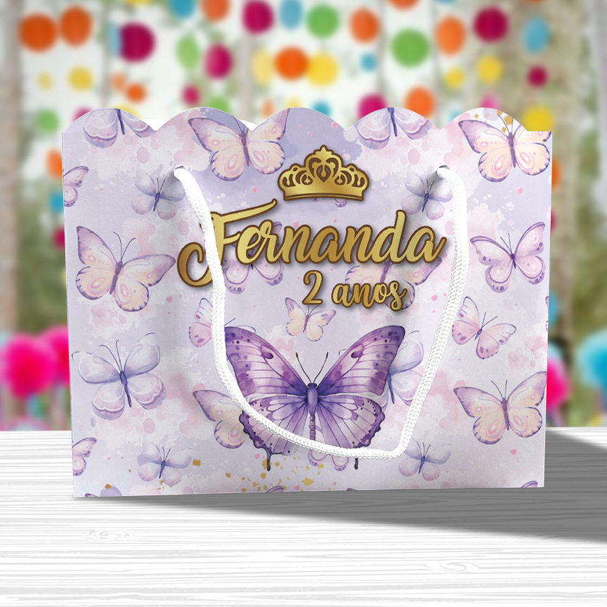Sacolinha de Festa Borboleta Lilás Lembrancinha Personalizada Kit Festa Sacola Ondulada Jardim Encantado