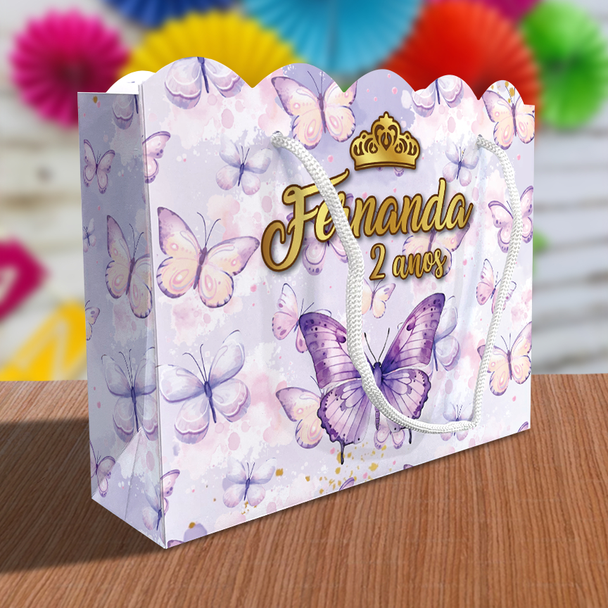 Sacolinha Borboletas Lilás Ondulada Personalizada Festa Lembrancinha Kit Festa Sacola Jardim Encantado