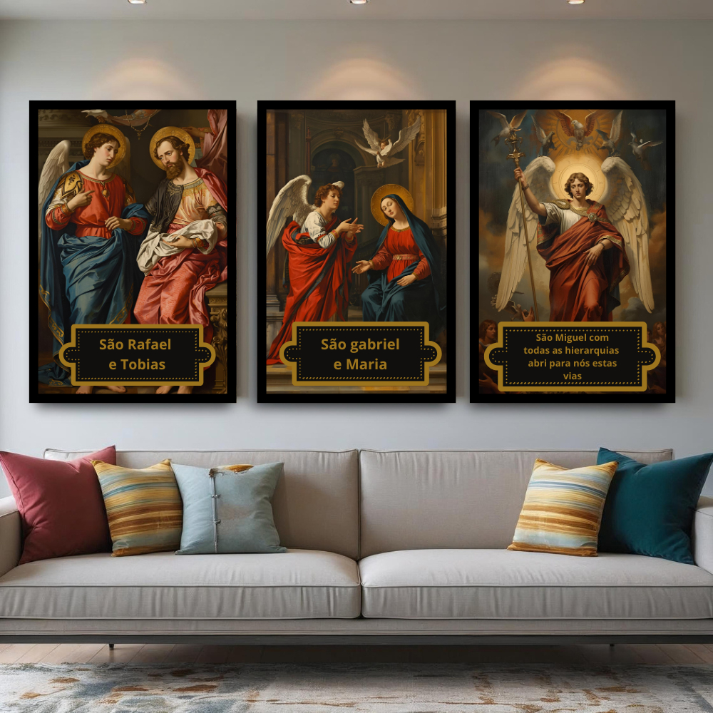 Quadro Decorativo Religioso Oração a São Miguel, São Rafael e São Gabriel Mosaico