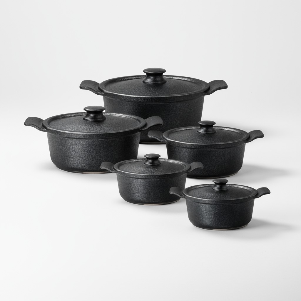 Imagem Jogo de Panelas Grossas 5 peças em alumínio batido Fundido Preto alça inteiriça LINHA/ PREMIUM