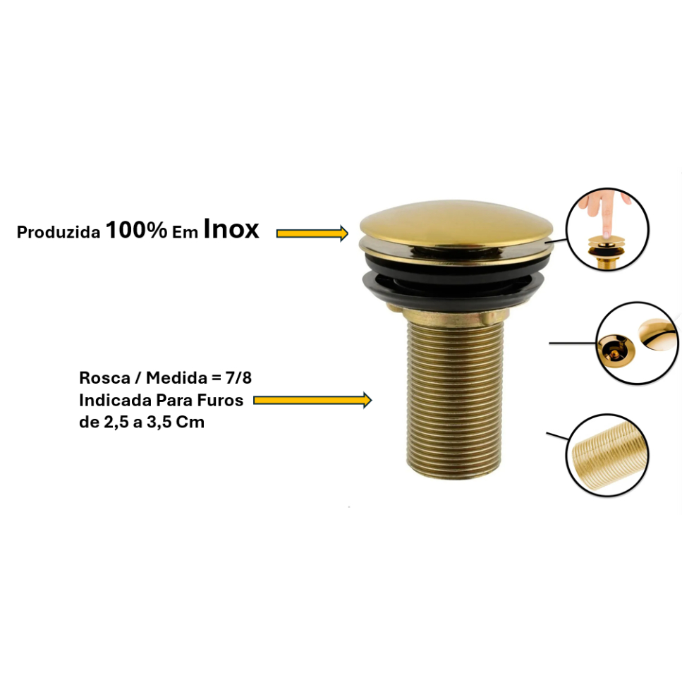 Valvula Clic De Inox Gold, Valvula Clic 100 % Inox Dourada, Ralinho Pia, Valvula Cuba De Apoio em Oferta na Shopee