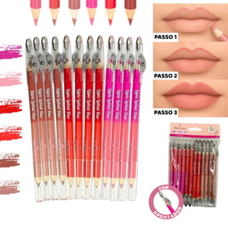 Kit 12 Lápis Contorno Labial Duplo c/ Apontador Macio e Pigmentado Hora do Chá Mia Make em Oferta na Shopee