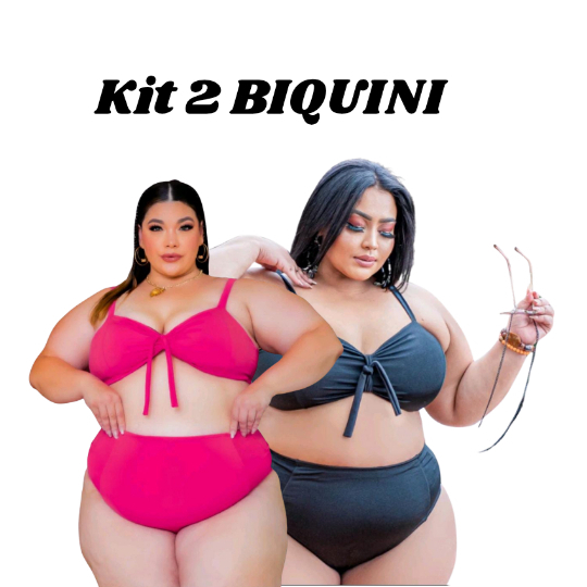 KIT 2 Biquini Plus Size Feminino: Top Forro 2 em 1 Suplex Cintura Alta Com Bojo Removível