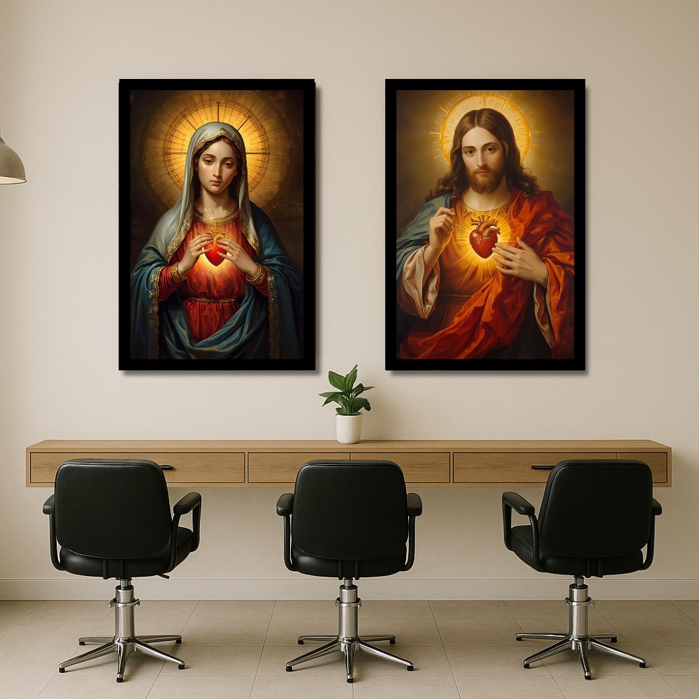 Quadros Decorativos Religiosos Sagrado Coração de Jesus e Imaculado Coração de Maria 2 Peças