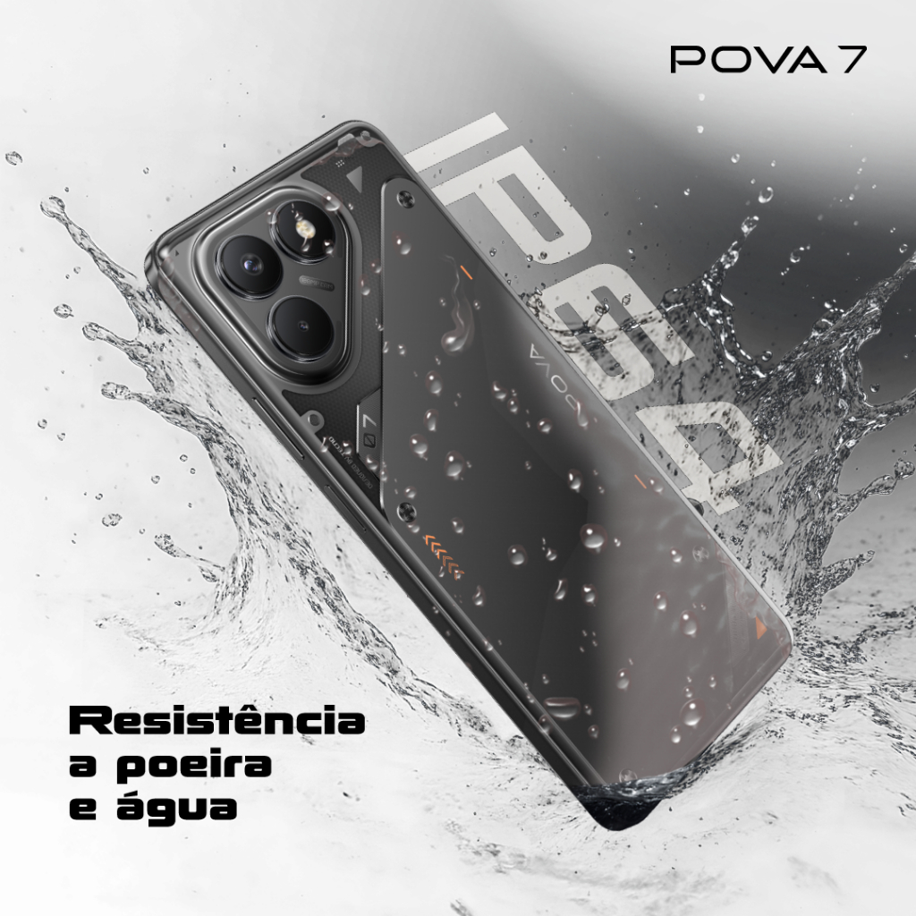 Detalhes do Tecno POVA 7 4G, Versão Global, 7000mAh + 45W, 256GB/8GB, Helio G100, Câmera 108MP, Tela 120Hz, NFC, IP64