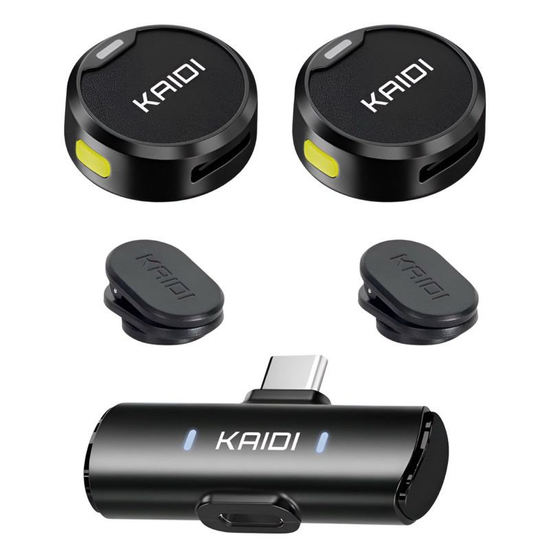 Microfone Lapela Sem Fio Kaidi KMF4-C Tipo C e KMF4-A Lightning | Duplo, Live, Podcast, Aulas