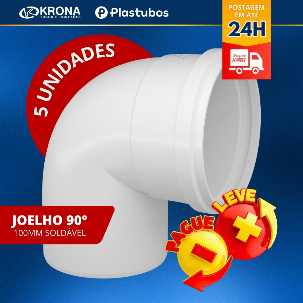 Kit 5 Joelho Cotovelo de Esgoto 100mm ou 4" 90° Pvc KRON/PLASTUBOS