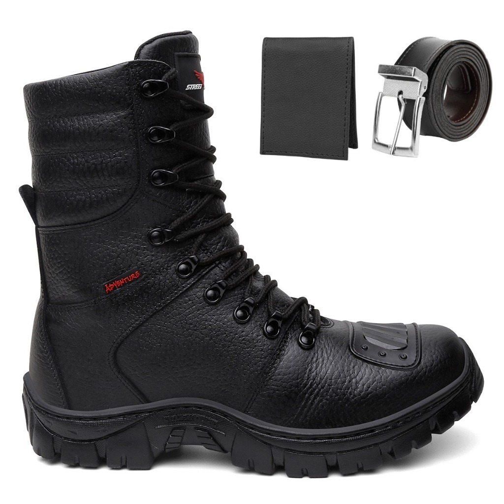 Bota Coturno Masculino Tático Militar Couro Legitimo Preto + Carteira + Cinto Resistente Agua