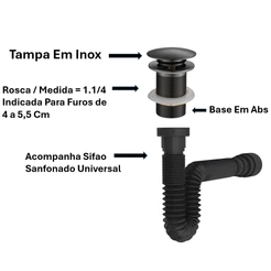 Valvula Clic Preta Tampa De Inox + Sifao Inteligente, Ralinho Clic Para Cuba, Valvula Cuba De Apoio
