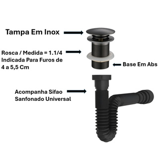 Valvula Clic Preta Tampa De Inox + Sifao Inteligente, Ralinho Clic Para Cuba, Valvula Cuba De Apoio em Oferta na Shopee