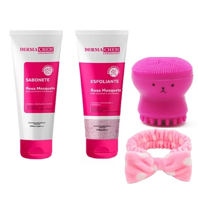 Kit Skincare Rosa Mosqueta Limpeza Facial Completa Sabonete Esfoliante DermaChem + Esponja Polvo + Faixa de Skincare