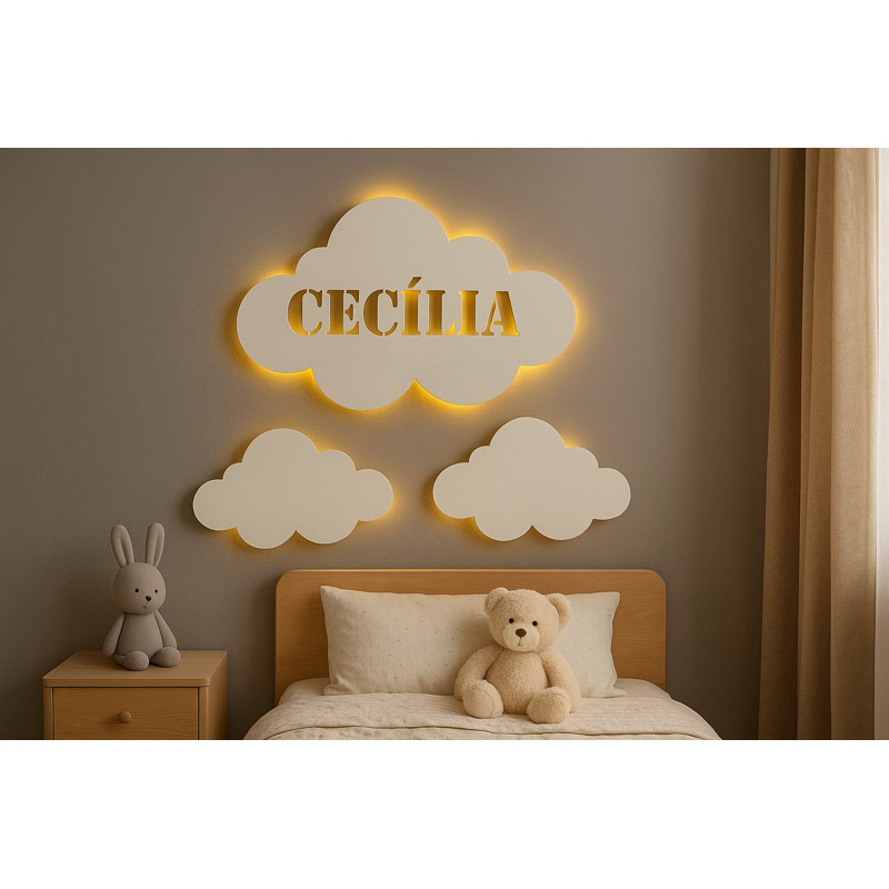 KIT COM 3 Nuvens MDF com Nome Personalizado e Iluminação LED – Decoração Quarto Infantil em Oferta na Shopee