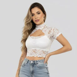 Blusa Cropped Top Feminino Rendado Renda Manguinha Manga Curta Golinha Lançamento ENVIO RAPIDO