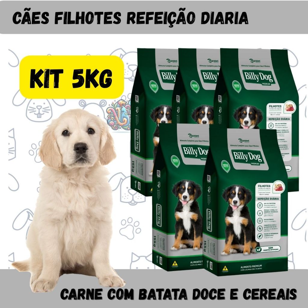 Billy Dog Ração Premium Cães Filhote Refeição Diaria Carne Cereais Batata Doce 5kg