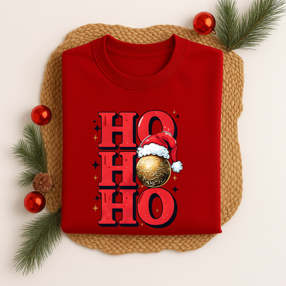 Camiseta Algodão Natalina Estampa Ho Ho Bola Dourada 548 Bolinha Luizinha Guirlanda Sino