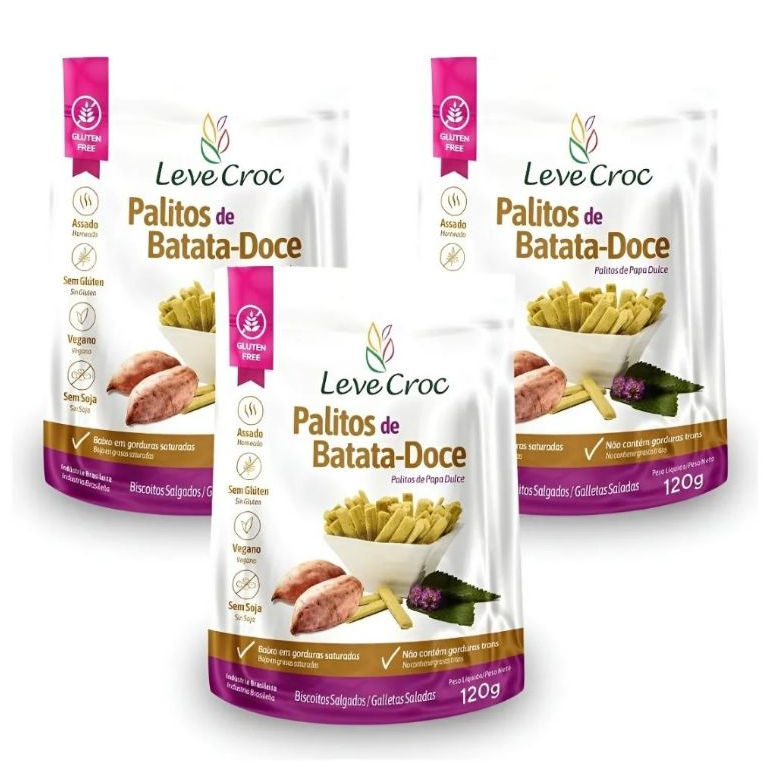 Kit 3 Biscoitos Palito Salgado De Batata Doce Leve Croc 120g