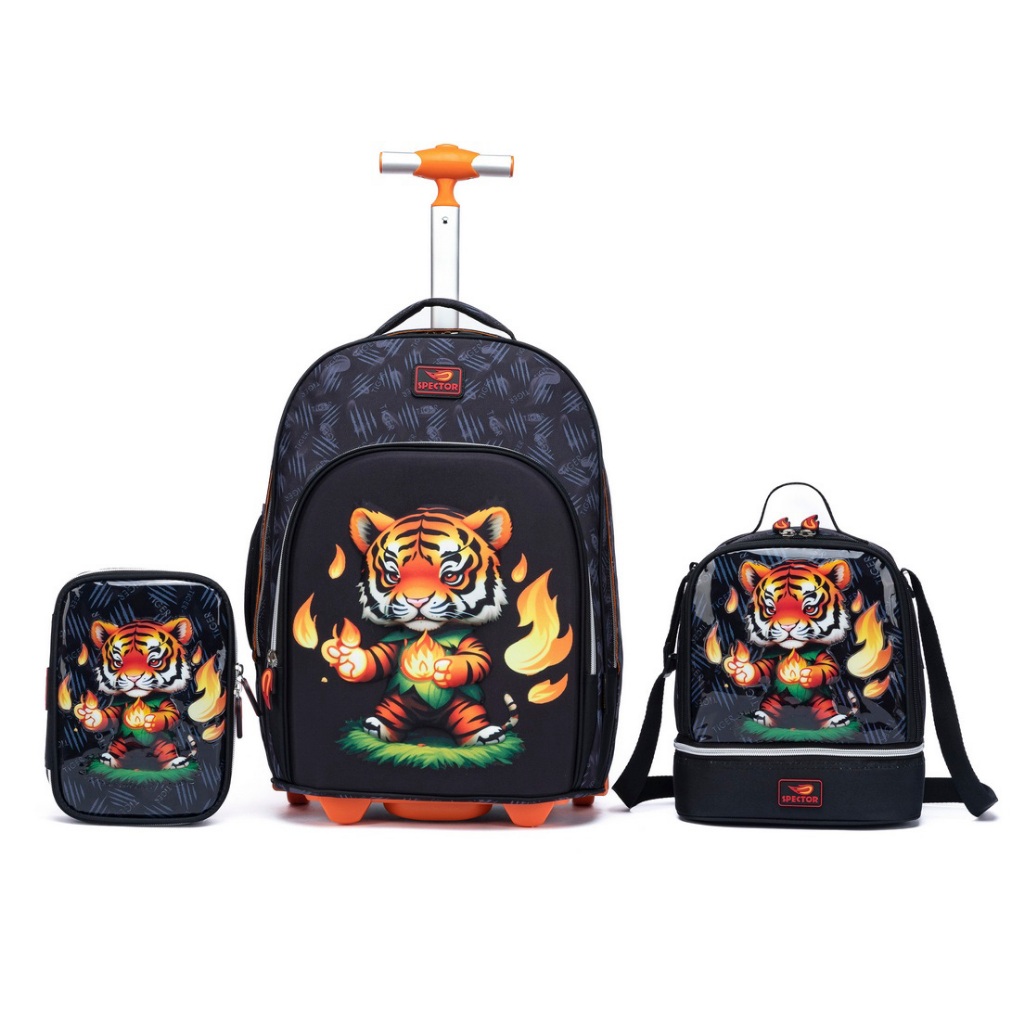 Kit Mochila Rodinhas Lancheira Estojo Menino Escolar Espaçosa Resistente Infantil Tigre Spector