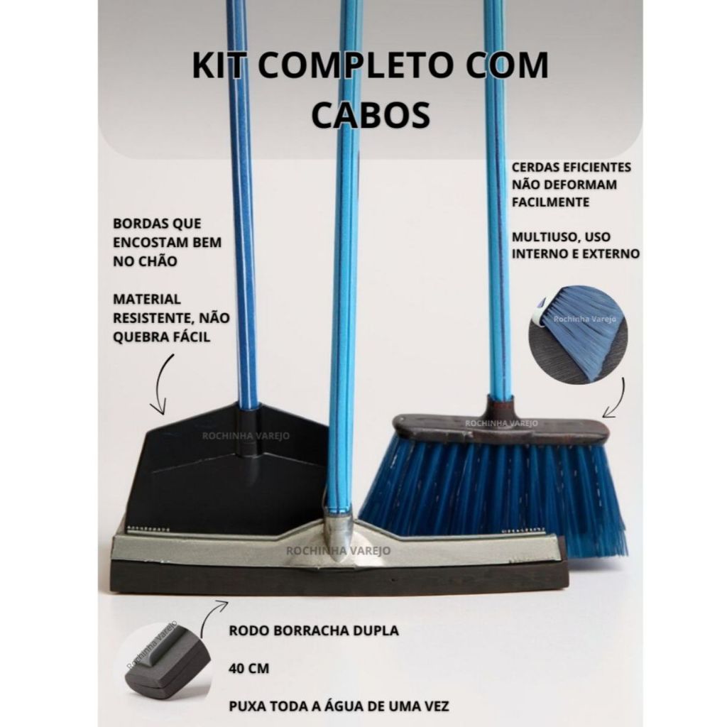 Kit com Vassoura com cabo, Rodo Duplo de 40cm com Cabo e Pá de Lixo com Cabo Kit Com todos os cabos