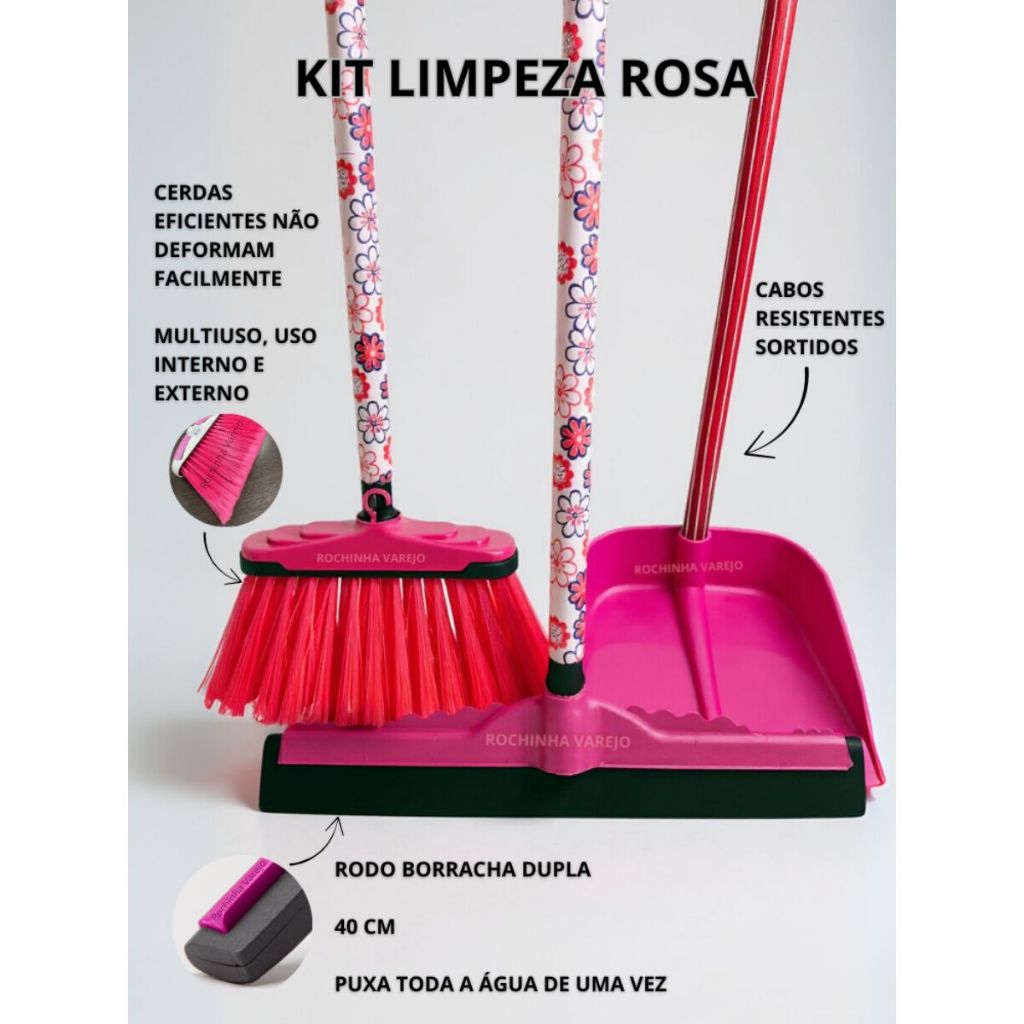 Kit Rosa Barbie Vassoura, Rodo 40 cm Grande Rosa e Pá de Lixo Rosa Com Cabos