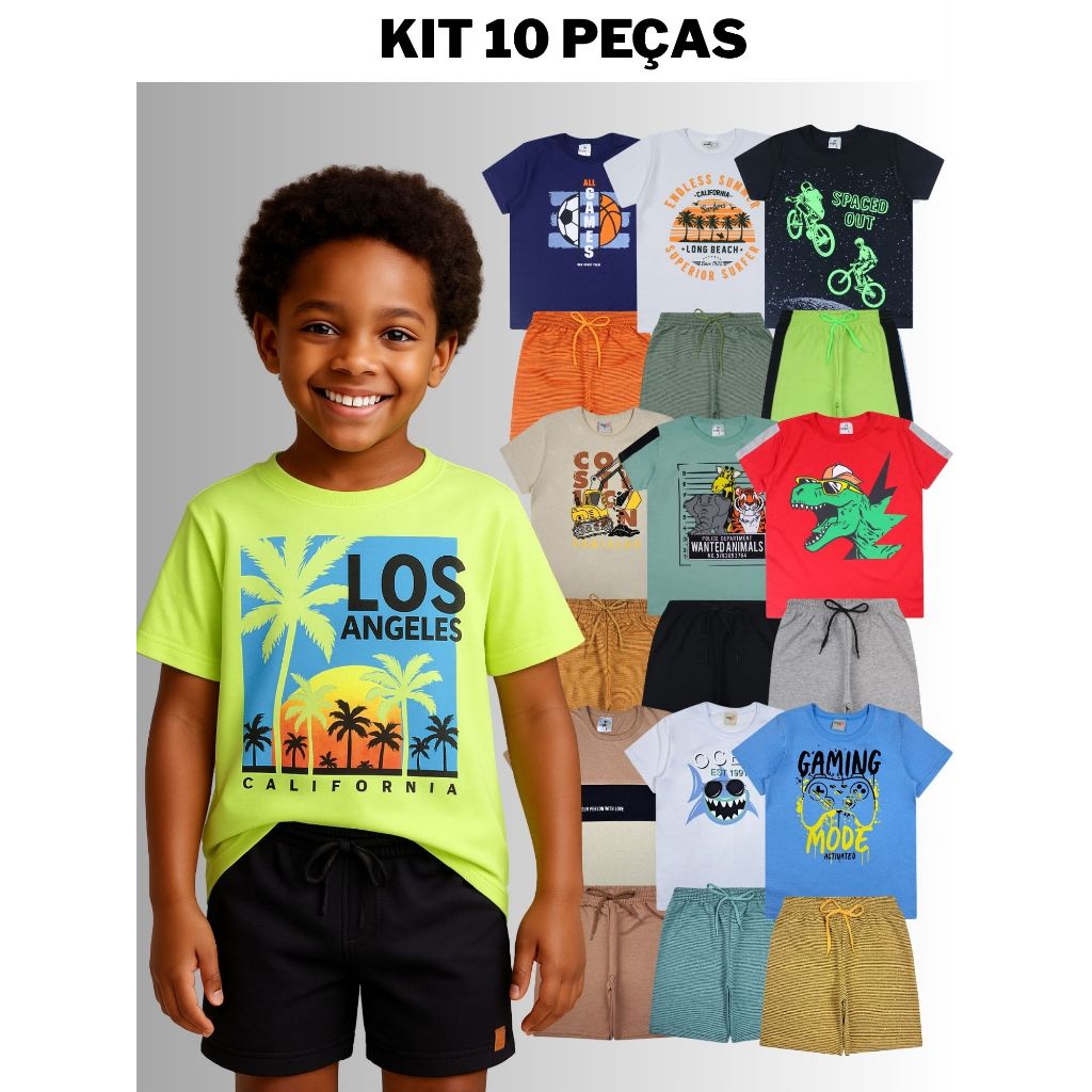 Kit Sortido 10 Peças de Roupa Infantil Menino - 5 Camisetas + 5 Bermudas Roupa Masculino Criança Verão Atacado Barato