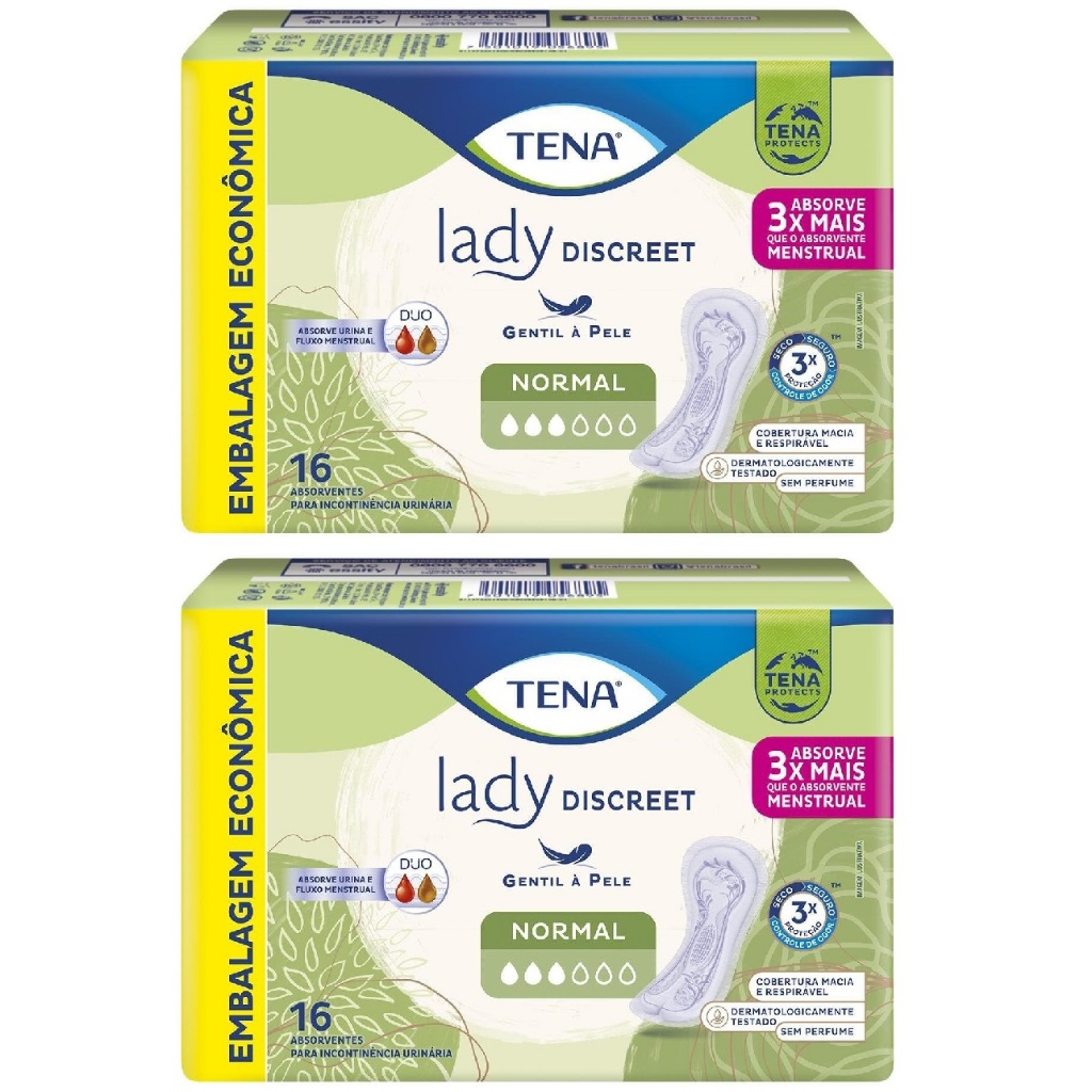 Kit 2 pacotes Absorvente TENA Lady Discreet, Leve, Normal, Sem Abas - 16un cada - Total 32un