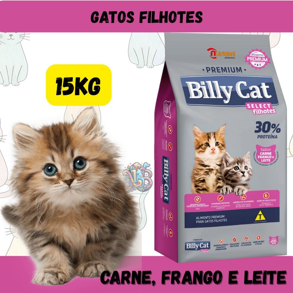 Billy Cat Ração Premium Gatos Filhotes Carne Frango Leite 15Kg