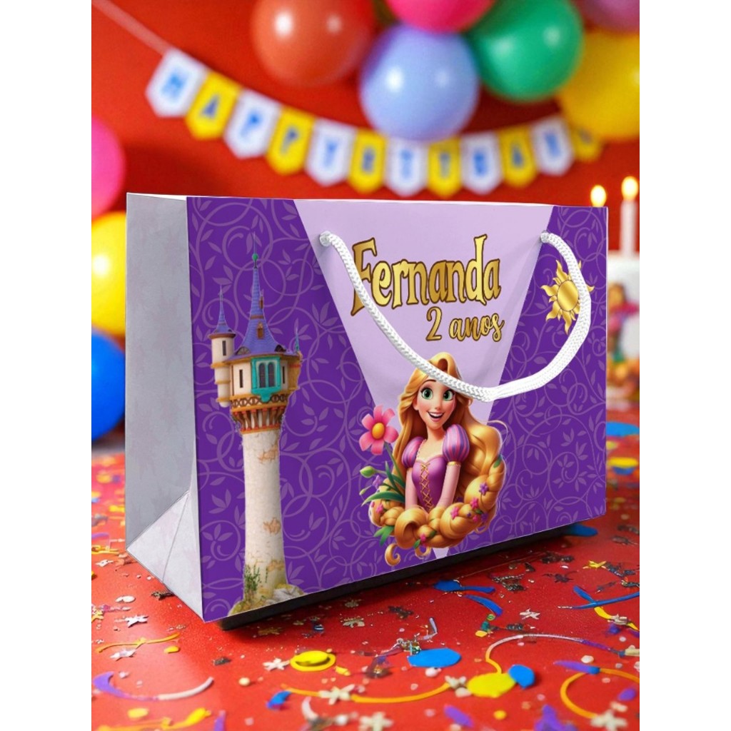 Sacolinhas festa Personalizadas Rapunzel Roxo Deitada Reta Enrolados Princesa