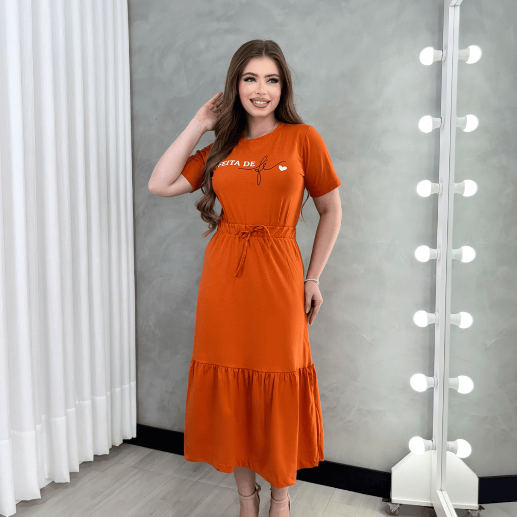 Conjunto Feminino Midi Laranja – Blusa com Estampa e Saia Com Babado em Oferta na Shopee