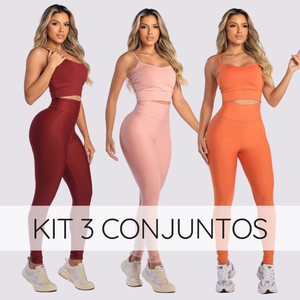 Kit 3 conjuntos calça com top e bojo removível legging feminina cintura alta suplex academia fitness — imagem 1