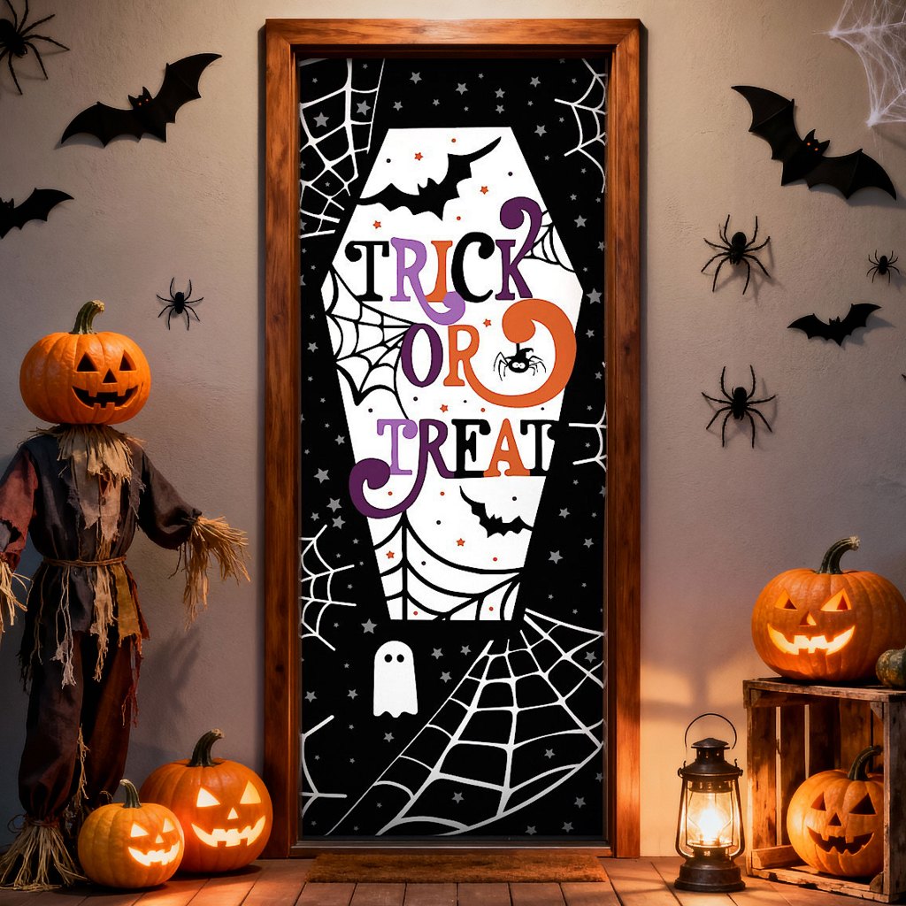 Capa de Porta Halloween Trick or Treat Painel Retangular Decorativo Tecido 0,85x